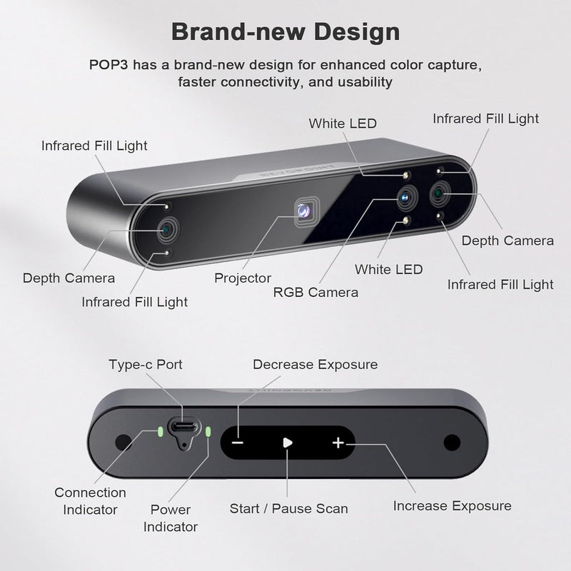 Revopoint POP 3 3D Scanner mit Drehteller und Powerbank, 0,05 mm Präzisions Infrarot Strukturlicht 3