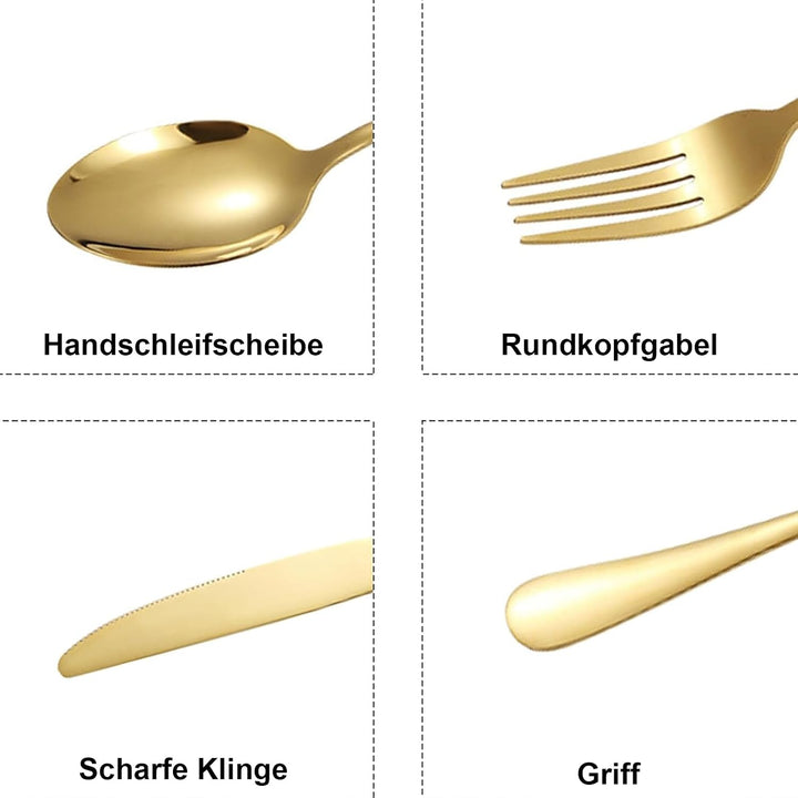 Besteck Set für 6 Personen, 30 teilig Edelstahl Besteckset, Gold Essbesteck Set mit Kuchengabeln Mes