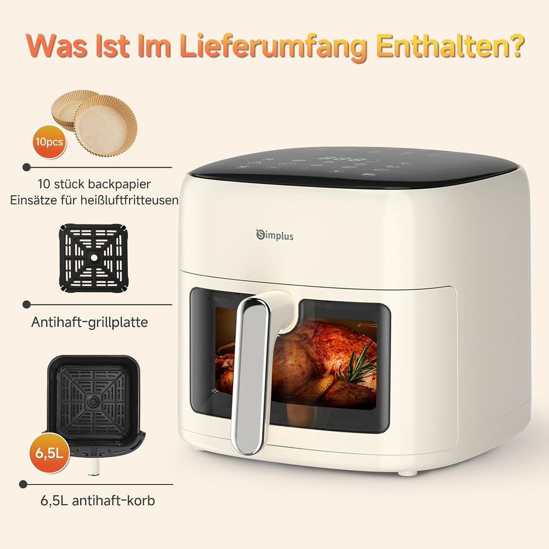 SIMPLUS Heissluftfritteuse 6,5 L, Airfryer XL mit Sichtfenster, 1500 W, extra schlankes Design, Touc