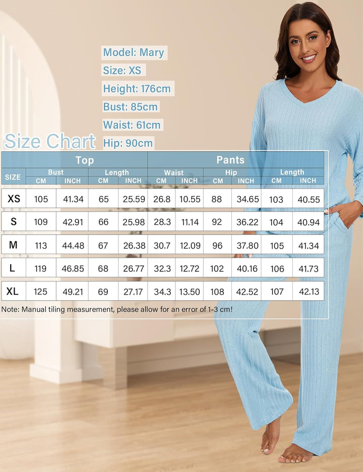 Schlafanzug Damen Lang Zweiteiler Nachtwäsche Warm Pyjama Set mit V-Ausschnitt Top und Hosen mit Tas