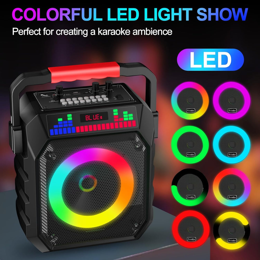 Karaoke Maschine mit 2 Mikrofone, Tragbaren Bluetooth Lautsprecher Box für Erwachsene/Kinder mit Lic