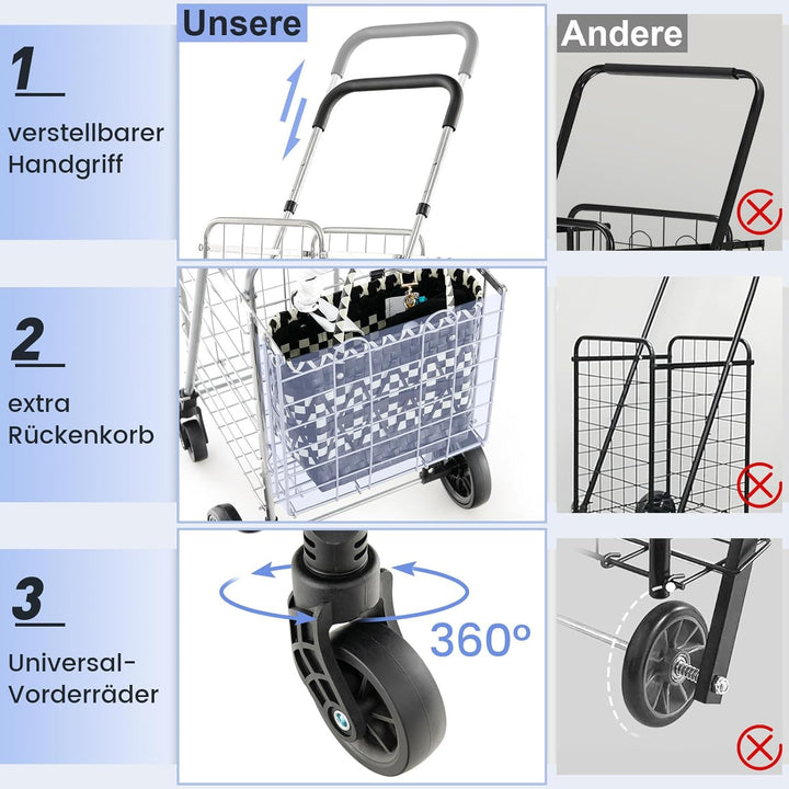 GYMAX Klappbarer Einkaufstrolley belastbar bis zu 20 kg, tragbarer Einkaufswagen mit Doppelkorb 48L+
