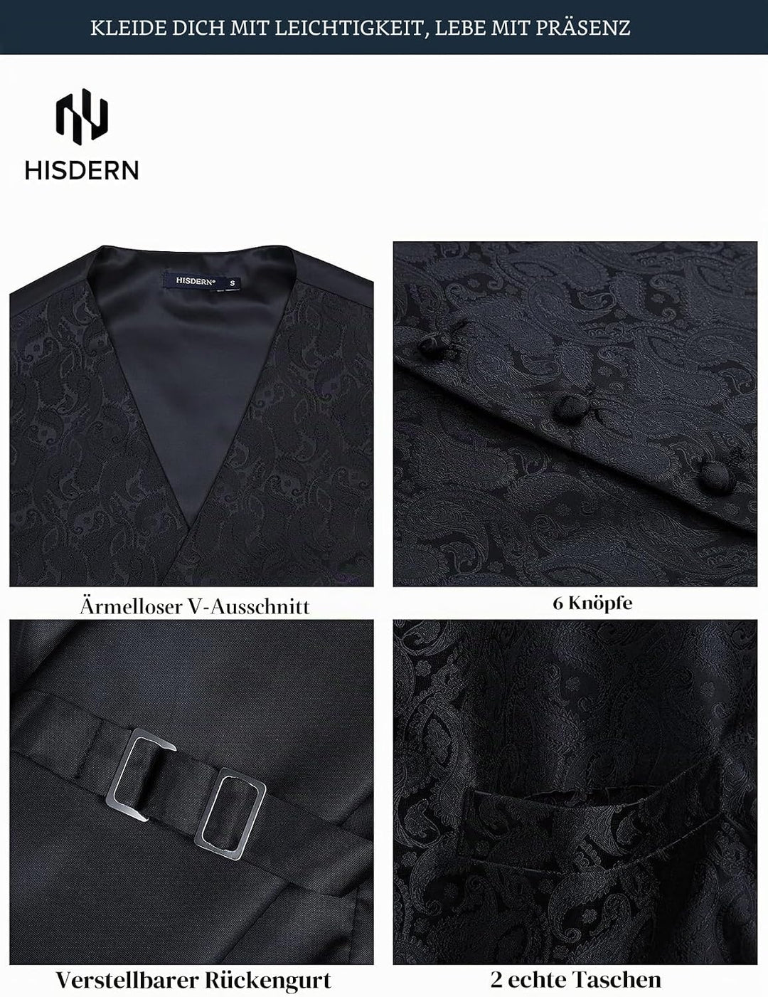 HISDERN Herren FLoral Hochzeit Weste Krawatte Einstecktuch Taschentuch Jacquard Weste Anzug Set M Sc
