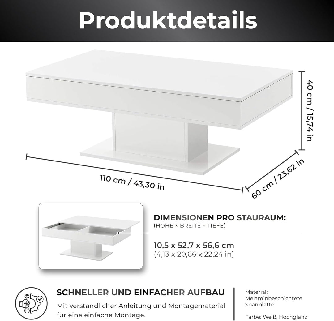 [en.casa] Couchtisch mit 2 Staufächern unter Schiebeplatte Wohnzimmertisch mit Truhefunktion Kaffeet