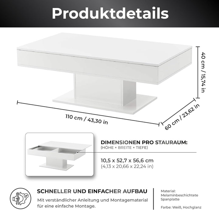 [en.casa] Couchtisch mit 2 Staufächern unter Schiebeplatte Wohnzimmertisch mit Truhefunktion Kaffeet