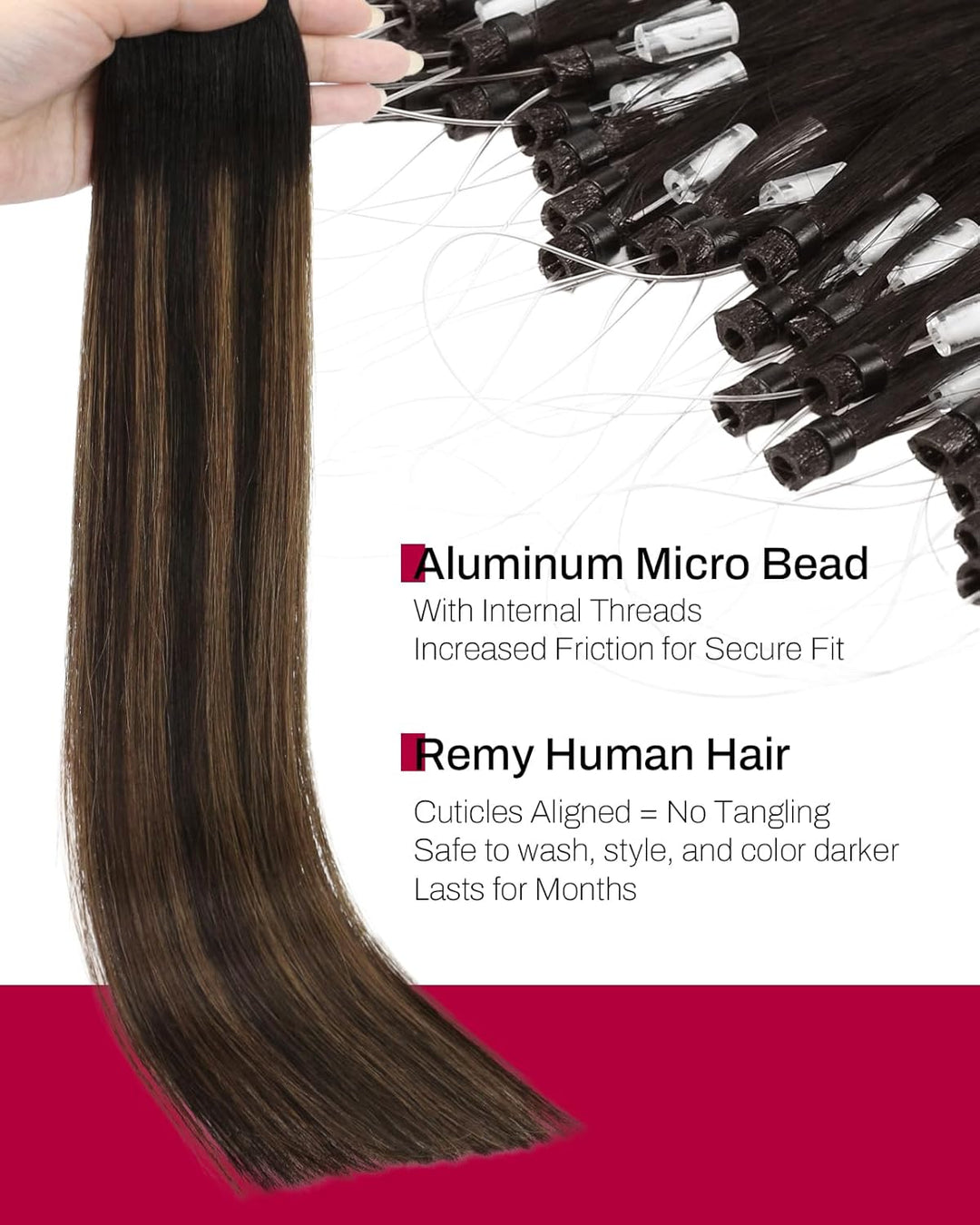 Moresoo Micro Loop Extensions Echthaar 40 cm Microring Extensions #2/6/2 Dunkelbraun mit Mittelbraun