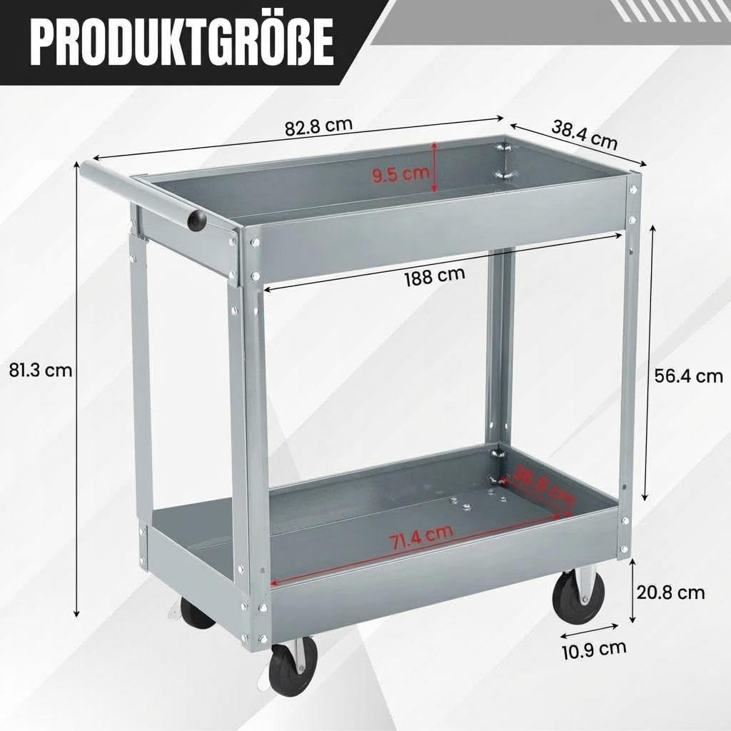 Werkzeugwagen Rollbar 2 Ebenen, Bis 150 kg Belastbar, Metall Werkstattwagen Mit Rollen, Schwerlast S