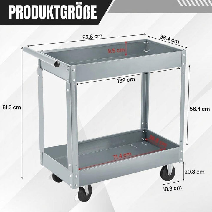 Werkzeugwagen Rollbar 2 Ebenen, Bis 150 kg Belastbar, Metall Werkstattwagen Mit Rollen, Schwerlast S