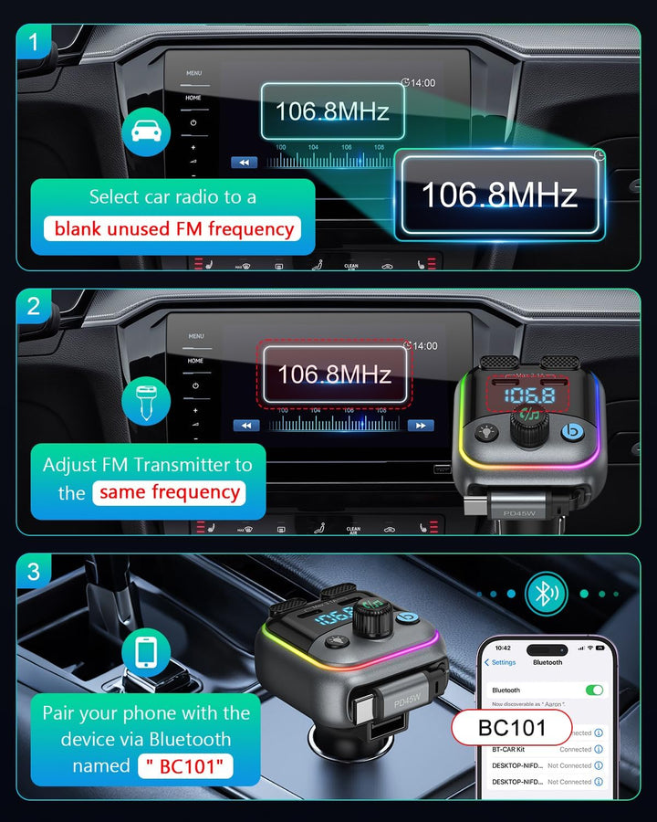 60W Bluetooth 6.0 FM Transmitter Auto, ORIA 4 in 1 Bluetooth Adapter Auto Silber, Silber