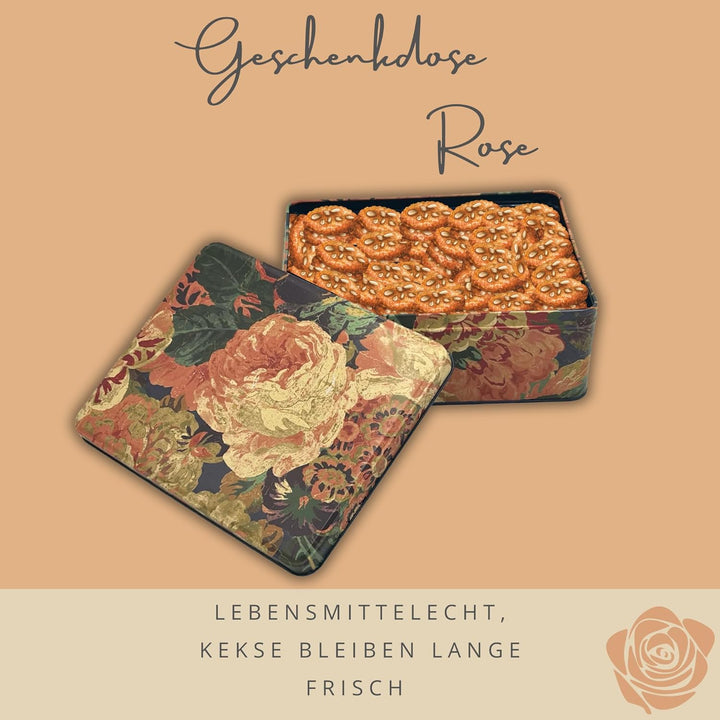 Geschenkdose Design Sanderson - Liebevoll gestaltete rechteckige Vorratsdose - Motiv Rose - Blechdos