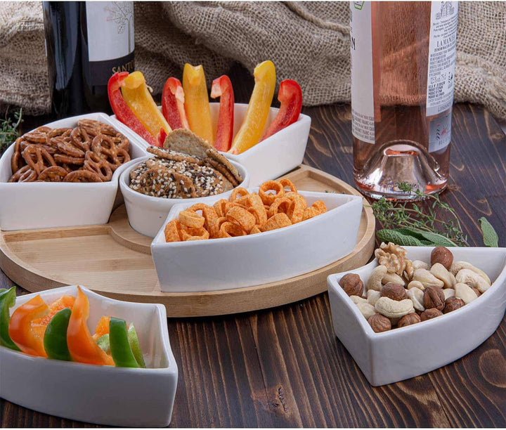 Dimono® Snacktablett Snack-Teller Serviertablett mit 6 Schalen aus Porzellan und Servierbrett aus Ba