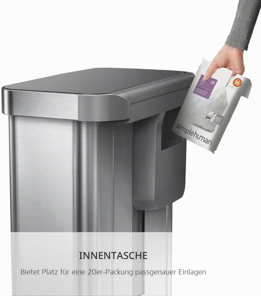 simplehuman CW2080 45 Liter, rechteckiger Treteimer mit Beutelfach, Mülleimer Küche, gebürsteter Ed