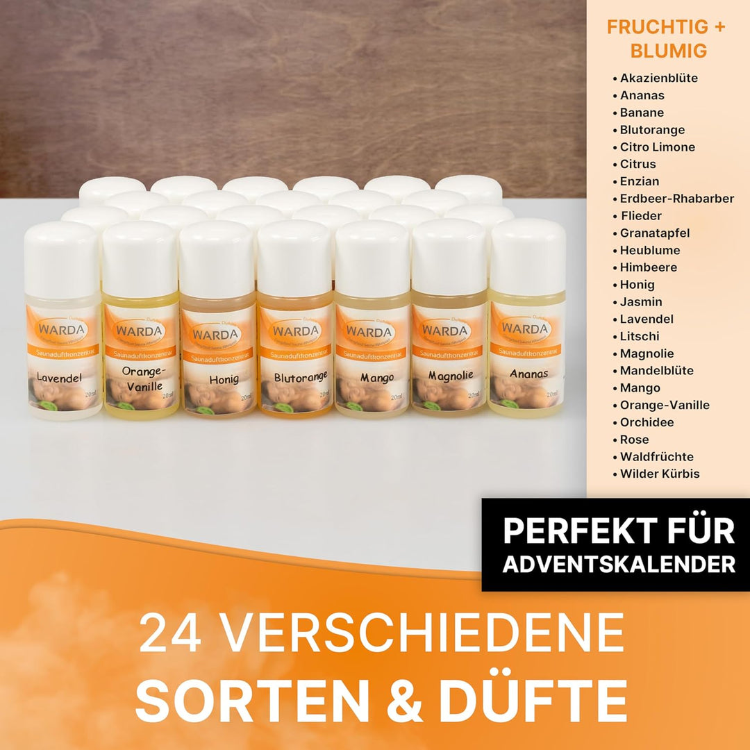 Miniatur-Set mit 24x 20 ml Flaschen von Warda Saunaduftkonzentrat Adventskalenderfüllung (24, FRUCHT