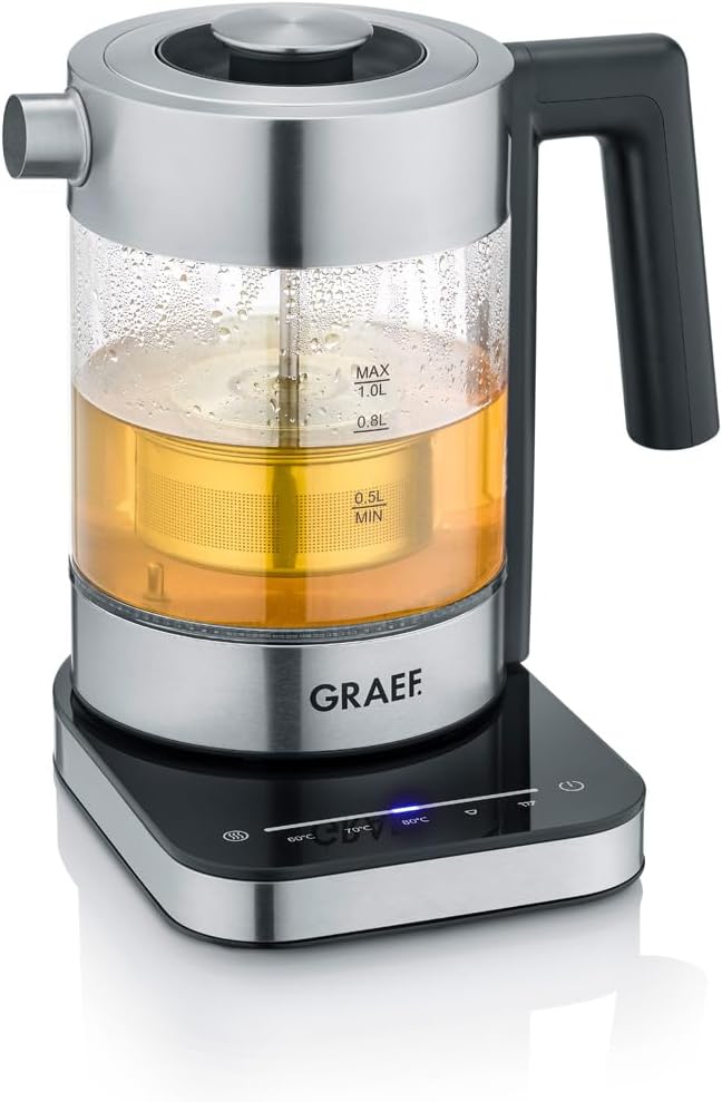 GRAEF Glaswasserkocher WK350 - Wasserkocher 1 Liter, Hochwertiges Design, SCHOTT DURAN Glas, Edelsta