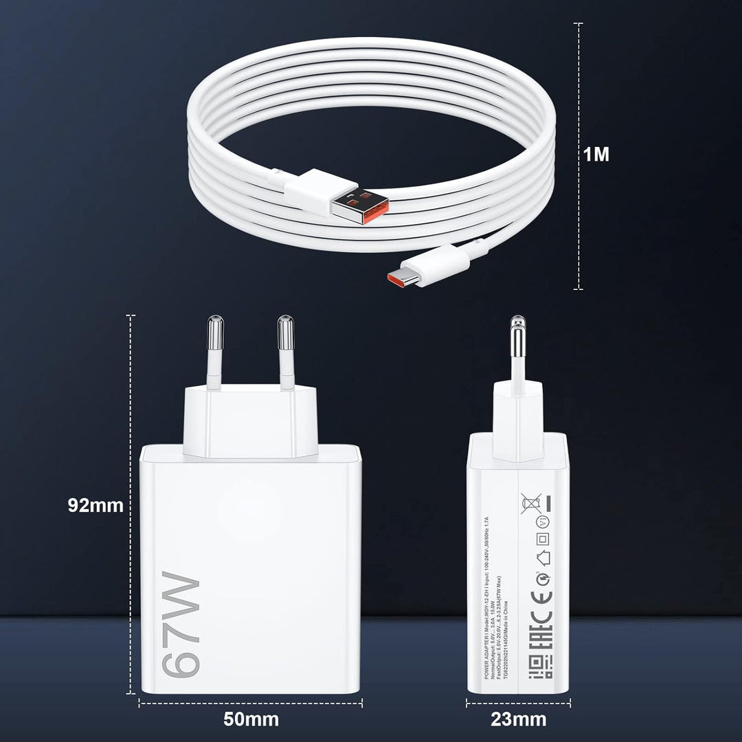 67W USB Ladegerät mit 6A USB C Kabel 1M für Mi Turbo Charge Schnelles Ladegerät für Redmi Note 12 11