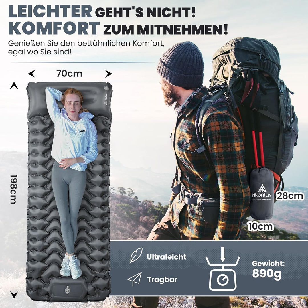 HIKENTURE Isomatte Camping, 10cm hoch Camping Isomatte Kleines Packmass, Aufblasbare Schlafmatte mit