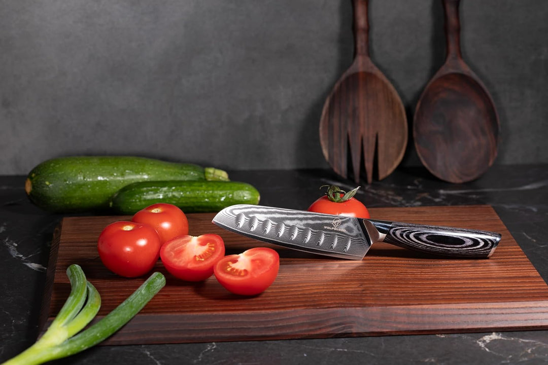 Wolfblood PRO Damastmesser Damast-Küchenmesser L (23cm) Profi Santoku Messer aus echtem 67 Lagen Dam