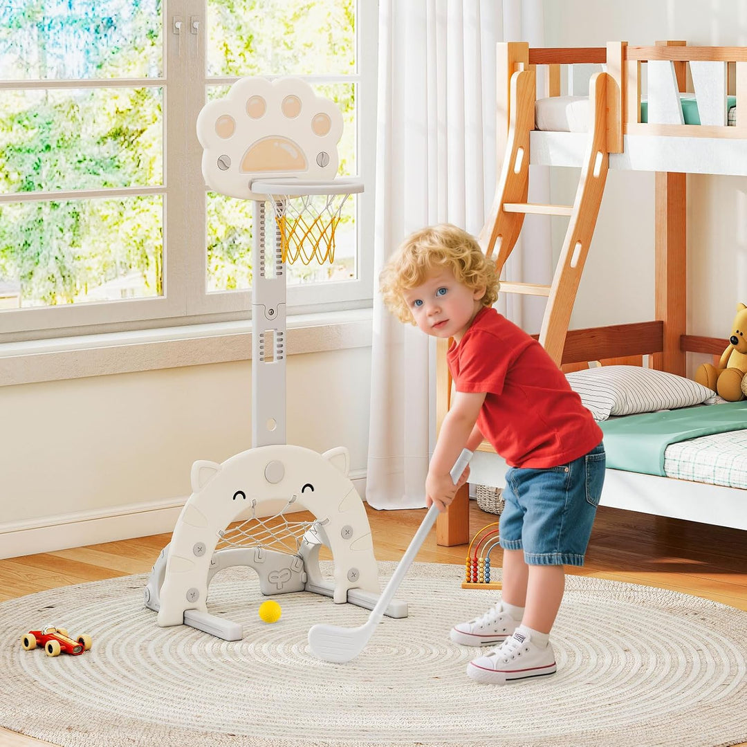 DREAMADE Basketballkorb Kinder, Basketballständer höhenverstellbar mit Fussballtor & Golfspiel, Mini