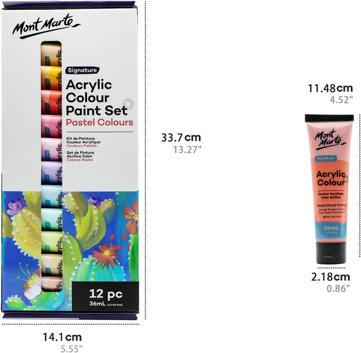 Mont Marte Acrylfarben Set Pastell – 12 x 36ml – Starke Deckkraft und Seidenmattes Finish – Pastellf