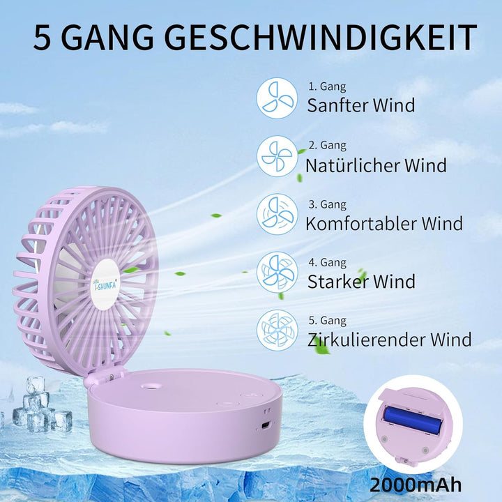 Handventilator mit Kühlen Nebel,Tragbarer Mini Ventilator USB-Aufladbar,5 Geschwindigkeiten,Faltbare
