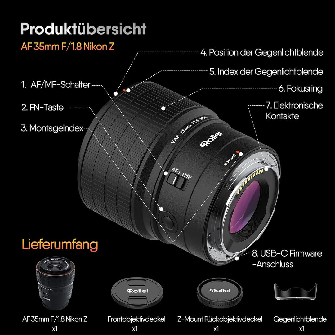 Rollei AF 35 mm F/1.8 Vollformat Objektiv für Nikon Z mit STM-Autofokus | HFT-X Beschichtung | Vollm