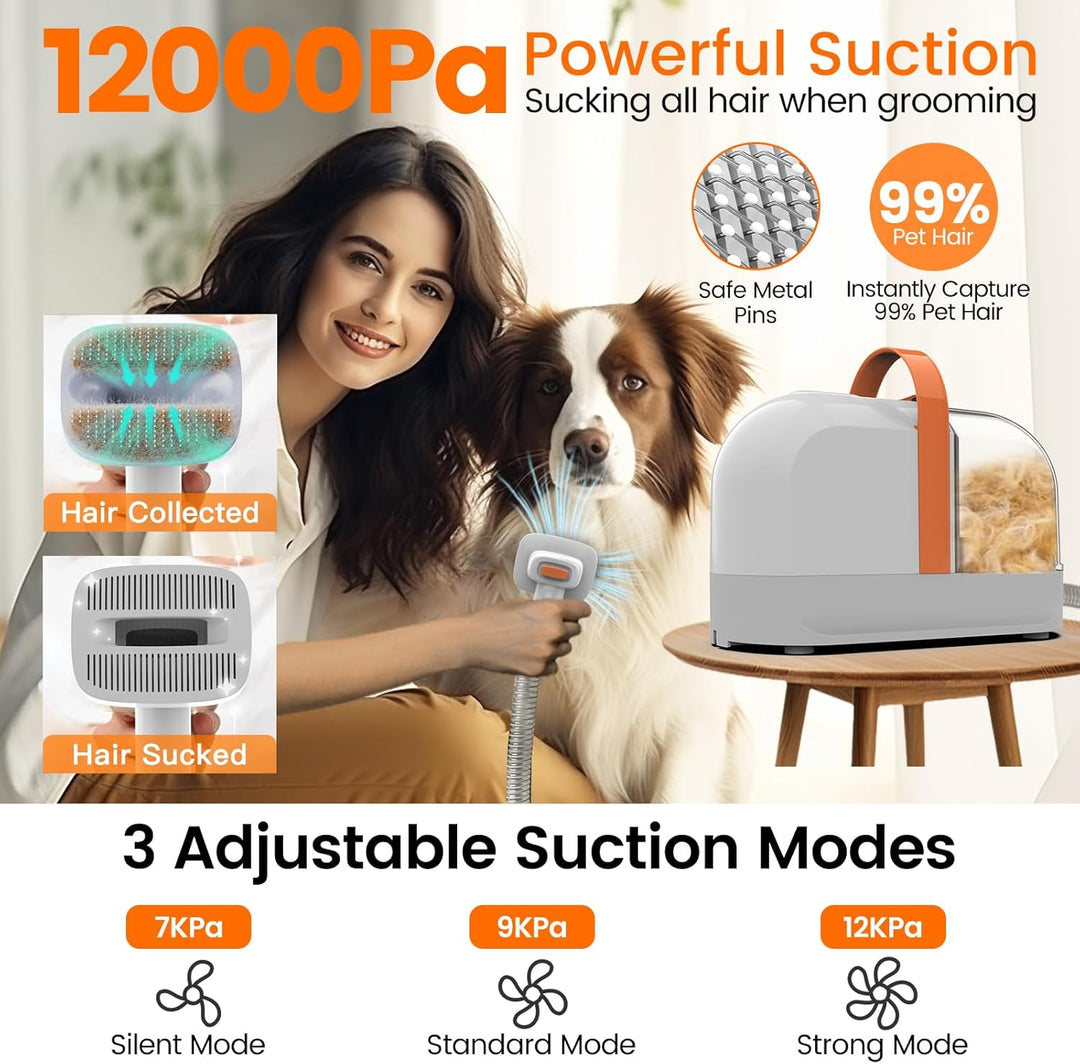 Hundepflege Vakuum Saug 99% Tierhaare PG10 Hundeschermaschine mit Staubsauger 12000 Pa, Hundebürste