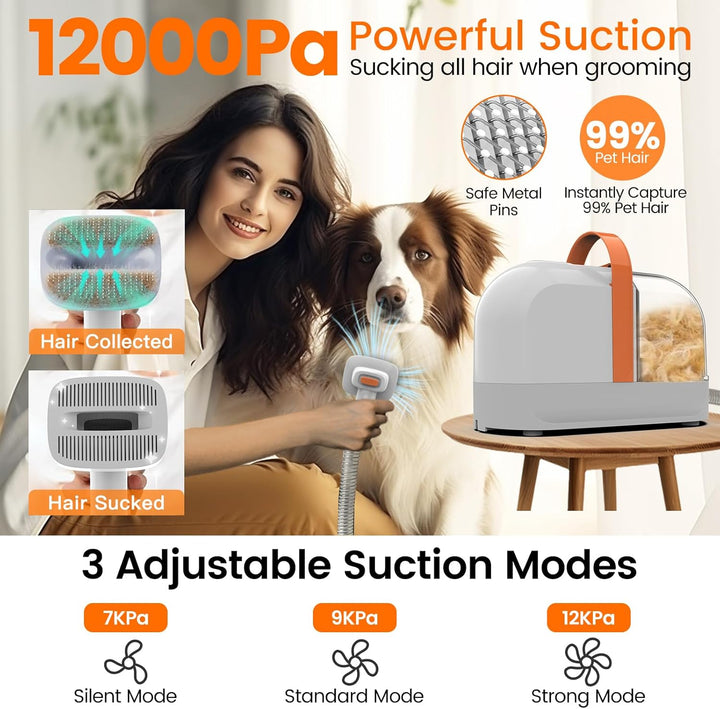 Hundepflege Vakuum Saug 99% Tierhaare PG10 Hundeschermaschine mit Staubsauger 12000 Pa, Hundebürste