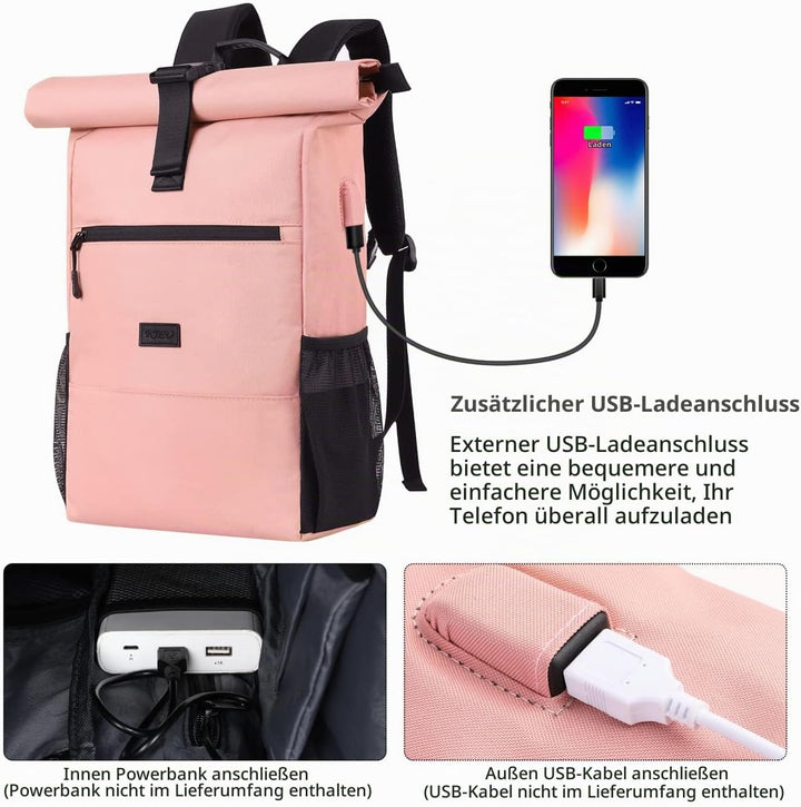 RJEU Rucksack Damen,Schulrucksack Mädchen Teenager,Rolltop Rucksack Frauen mit 12-17 Zoll Laptopfach