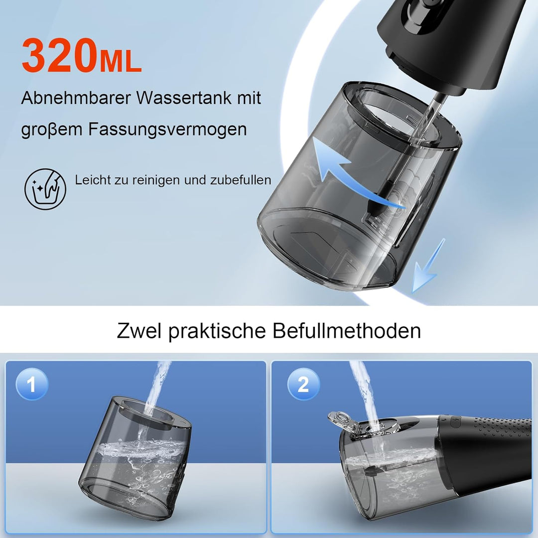 Munddusche Kabellose Testsieger 2026, 320ML Wassertank IPX7 Wasserdicht, USB-C-Schnellladefunktion,