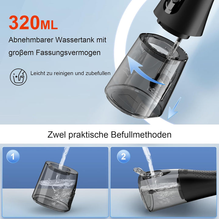 Munddusche Testsieger 2026, 320ML Wassertank IPX7 Wasserdicht, 5 Multifunktionale Jet-Tipps und 4 Mo