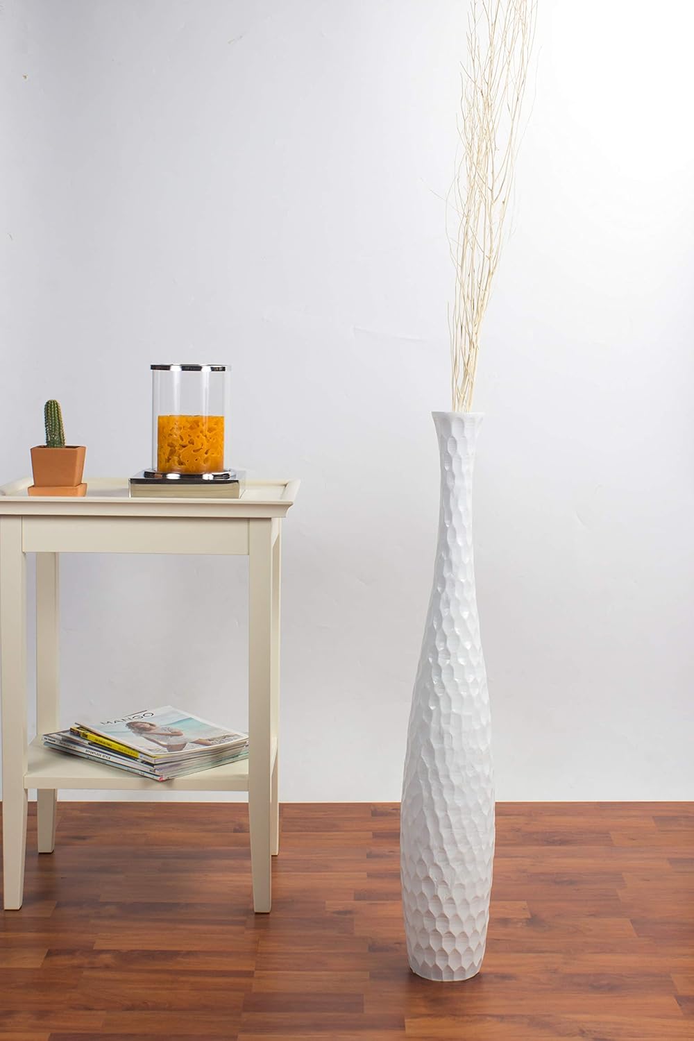 Leewadee Grosse Bodenvase für Dekozweige hohe Standvase Design Holzvase, Holz, 70 cm, Weiss 70 cm We