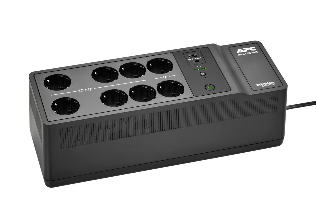 APC UPS für Zuhause, 1050VA UPS Batterie-Backup mit AVR, 8X Schuko CEE 7/3 Steckdosen, (2) USB-Ladea