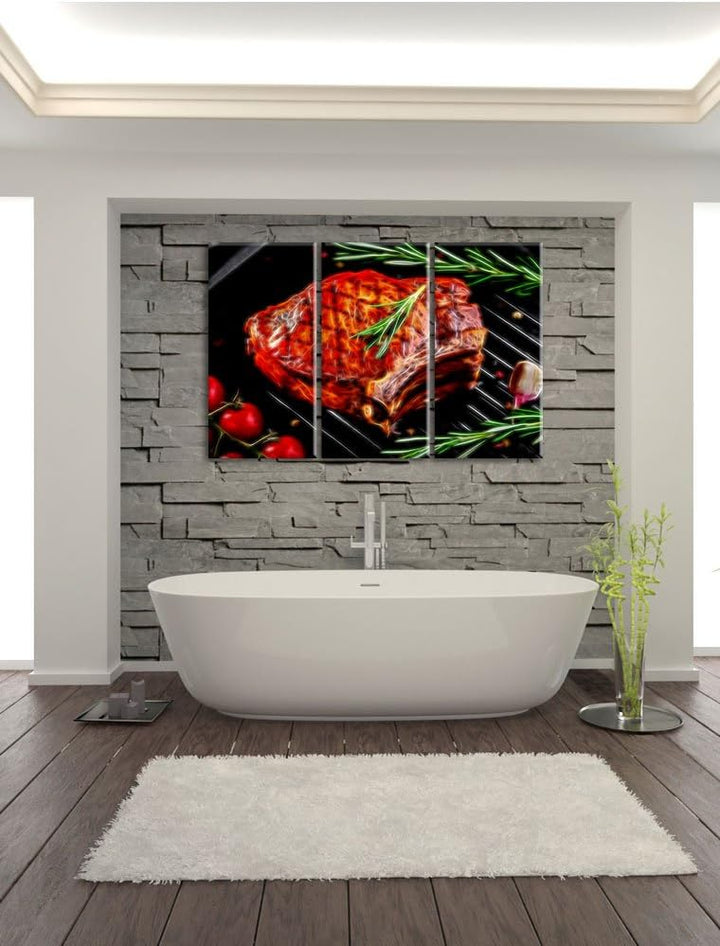 Pixxprint Steak mit Rosmarien garniert als Leinwandbild/Grösse: 3 Teilig (120x80) cm/Wandbild/Kunstd