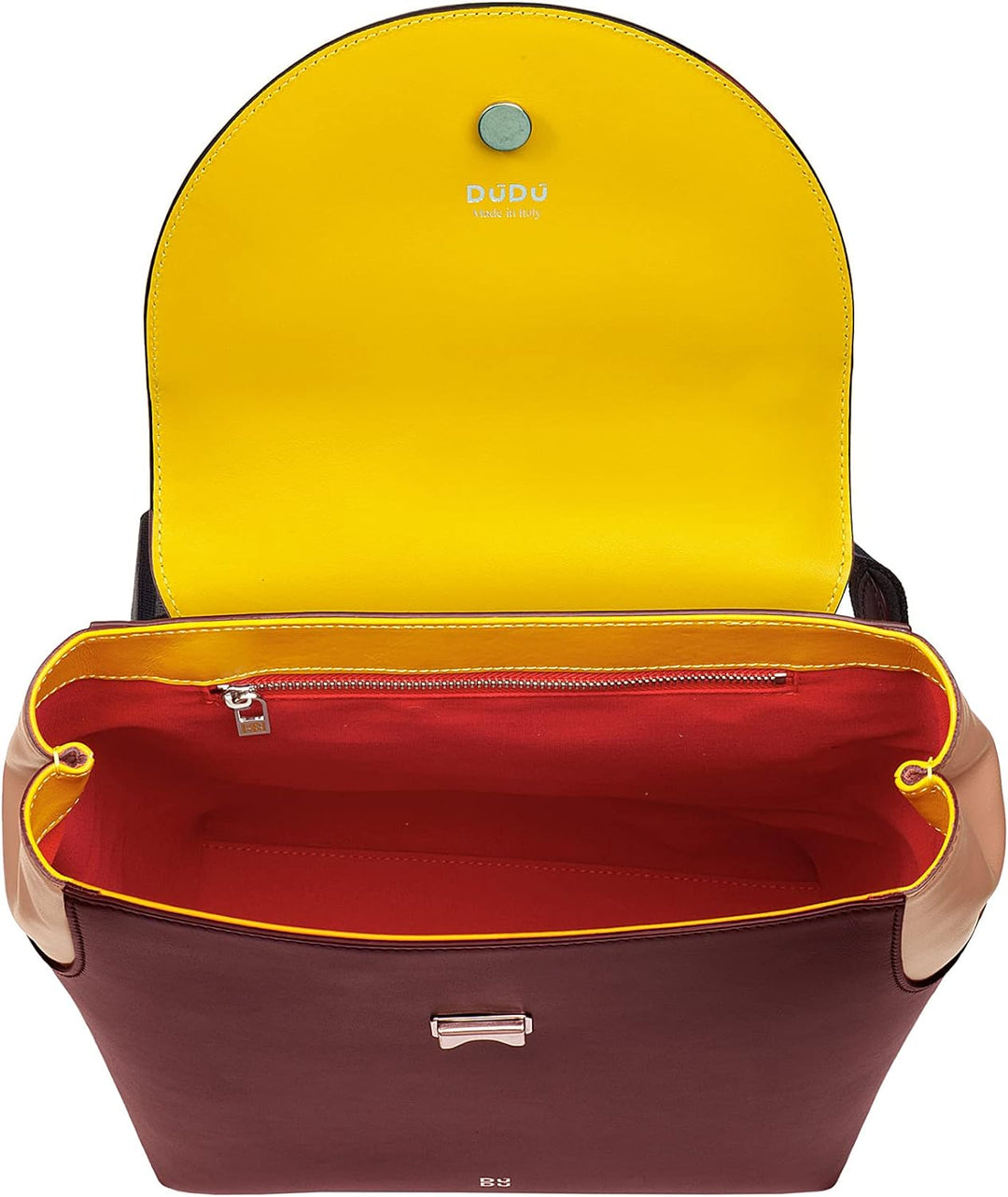 DuDu Damen-Multifunktions-Freizeitrucksack Made in Italy aus weichem Nappaleder mit Klappe Burgundy,