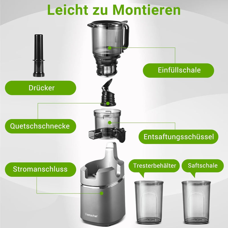 AMZCHEF 250W Automatischer All-In-One Entsafter, 135MM Öffnung und 1,8L Entsafter für Gemüse und Obs