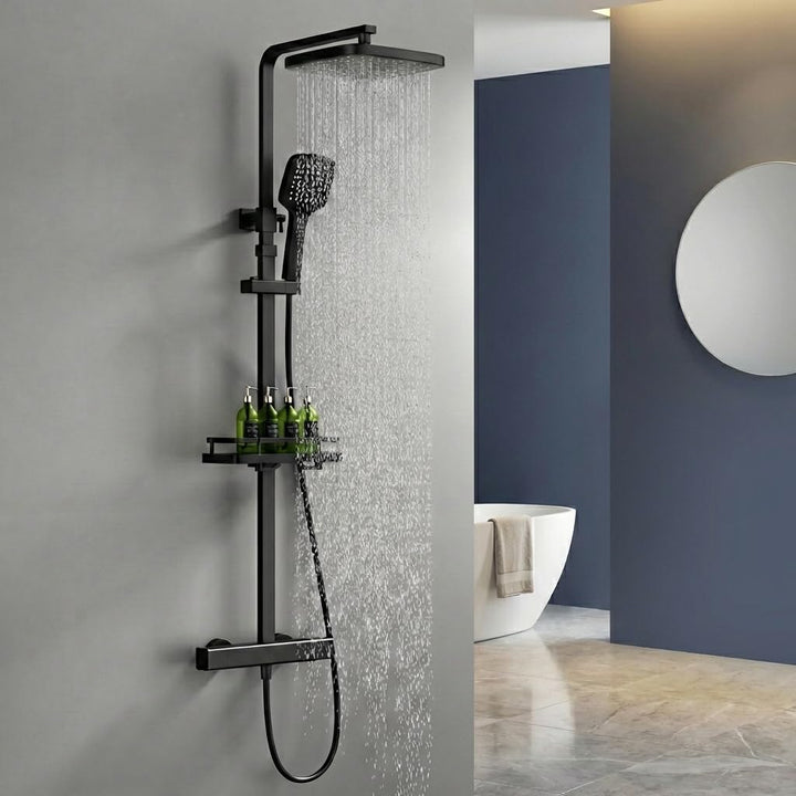 HOMELODY Duscharmatur mit Thermostat & Duschablage - Duscharmatur Komplettset Schwarz mit Handbrause