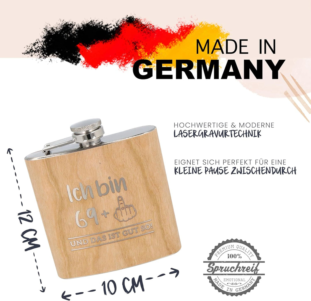 Spruchreif | Flachmann aus Edelstahl mit Gravur | Flachmann aus Holz | Outdoor Geschenk | Geschenk f
