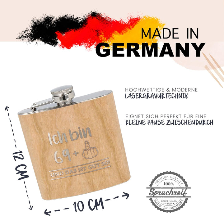 Spruchreif | Flachmann aus Edelstahl mit Gravur | Flachmann aus Holz | Outdoor Geschenk | Geschenk f