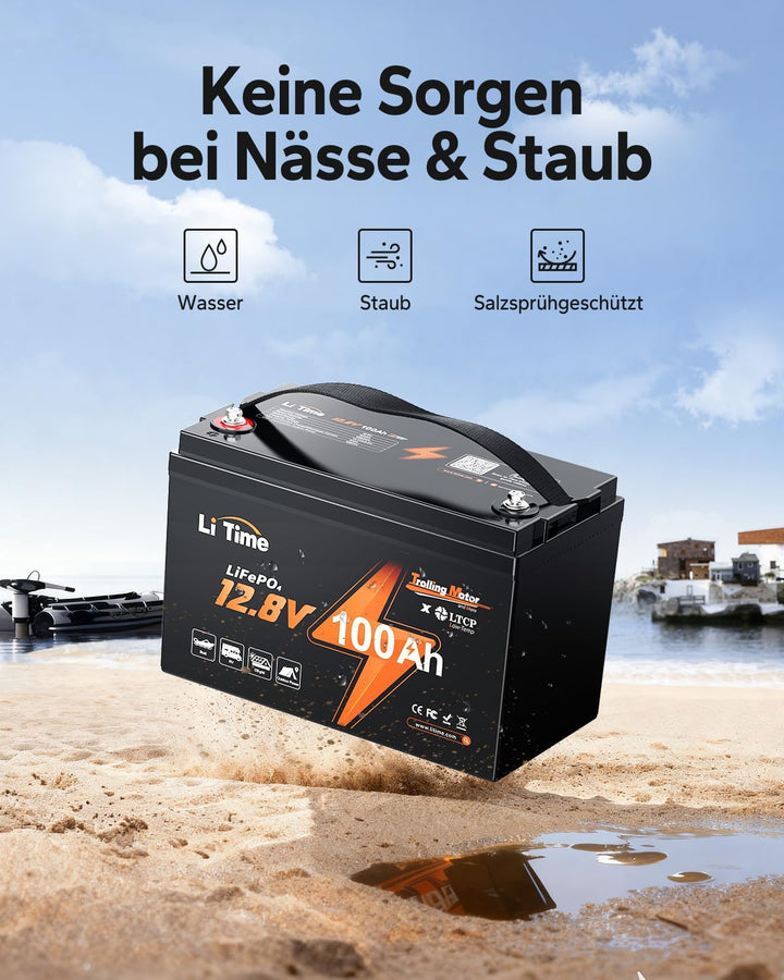 LiTime 12V 100Ah LiFePO4 Trolling Motor-Batterie mit Tieftemperaturschutz - 1280Wh Kapazität & 4000+