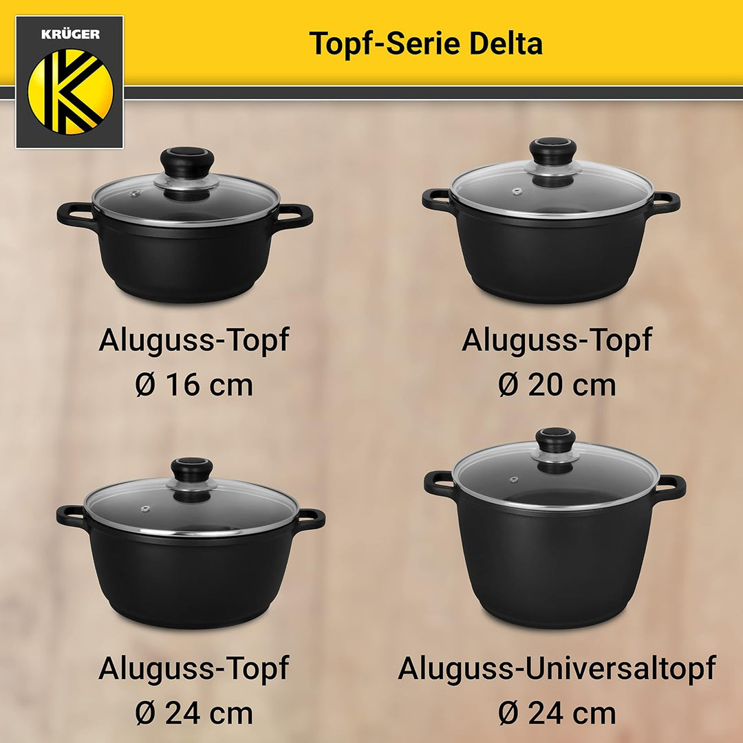 Krüger Aluguss-Topf Delta mit Glasdeckel - 24 cm - Kochtopf für gesunde & fettarme Speisen - geeigne