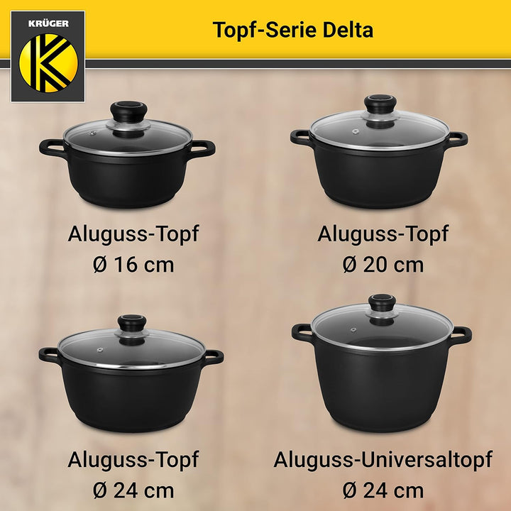 Krüger Aluguss-Topf Delta mit Glasdeckel - 20 cm - Kochtopf für gesunde & fettarme Speisen - geeigne