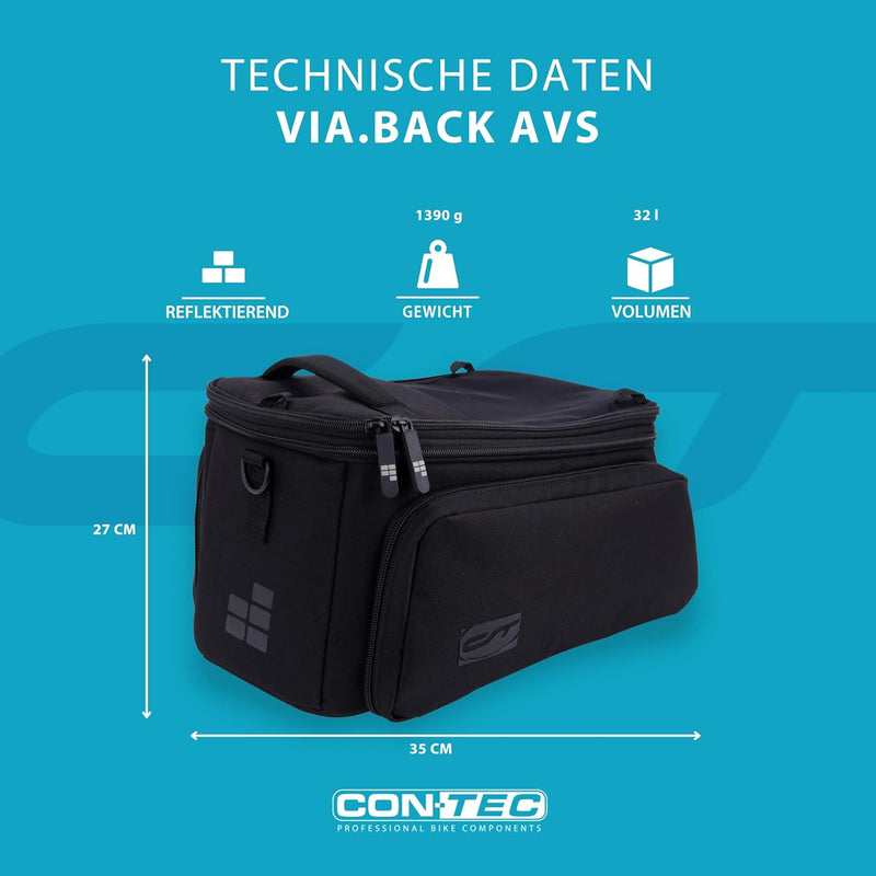 Contec Fahrrad Gepäckträgertasche Via.Back AVS, vormontierter AVS Adapter, 32 L, Schwarz