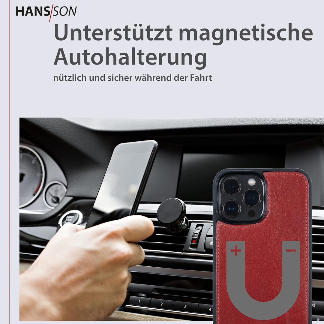 HANS/SON Hülle aus Echtleder mit Kartenfächern | Rote iPhone 13 Pro Max Klapphülle | Geldbeutel | Ma