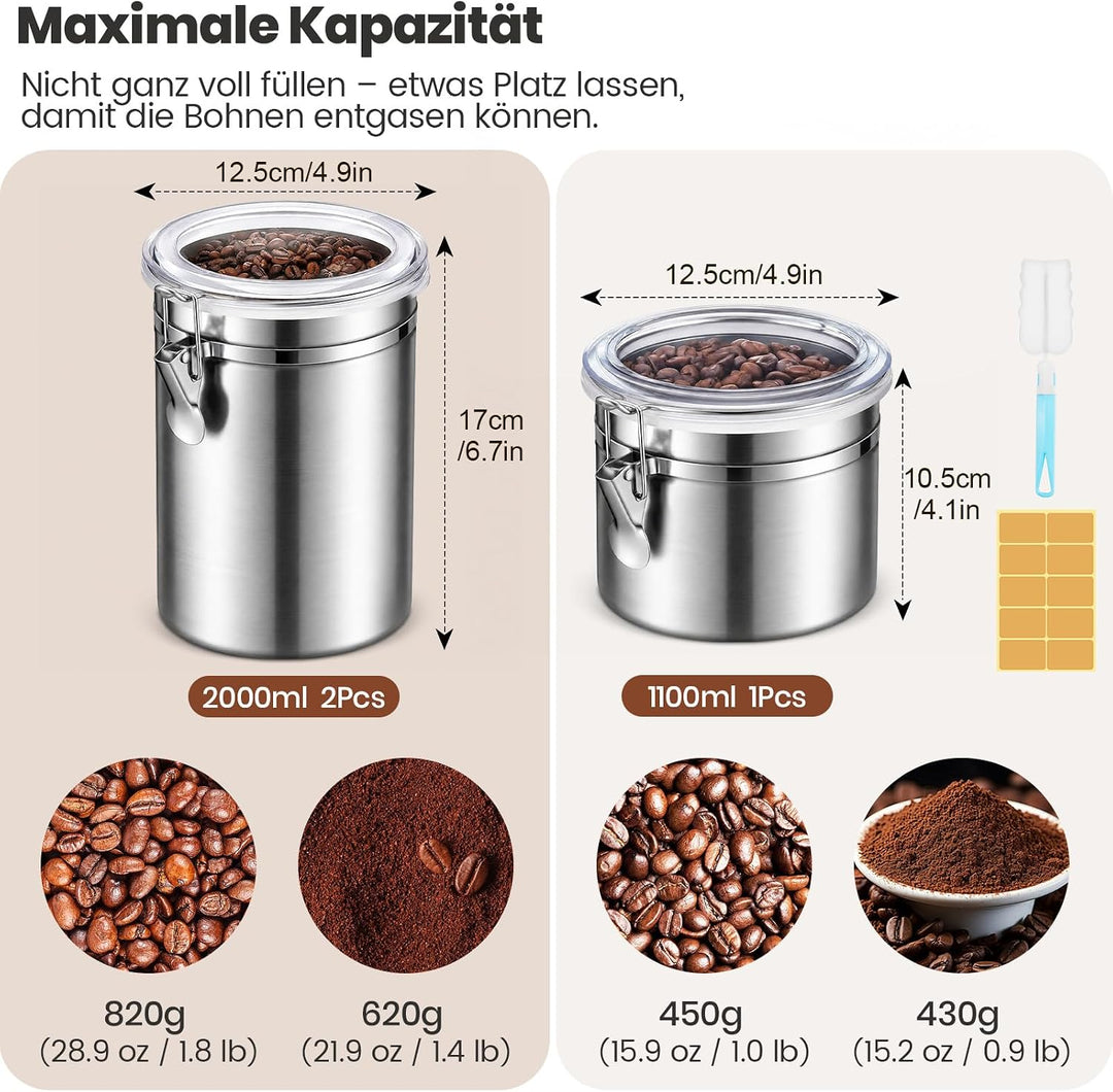 3 Stk Kaffeedose Edelstahl 2L&amp;1.1L, Kaffeedose Luftdicht 500g | Kaffeedose für Gemahlenen Kaffee, Ka