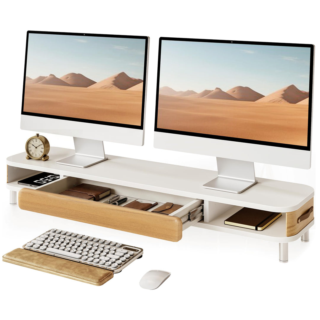 Fenge Dual Monitorständer mit Schublade, 108cm Bildschirmerhöhung mit Aluminiumbeinen & Ledergriff,