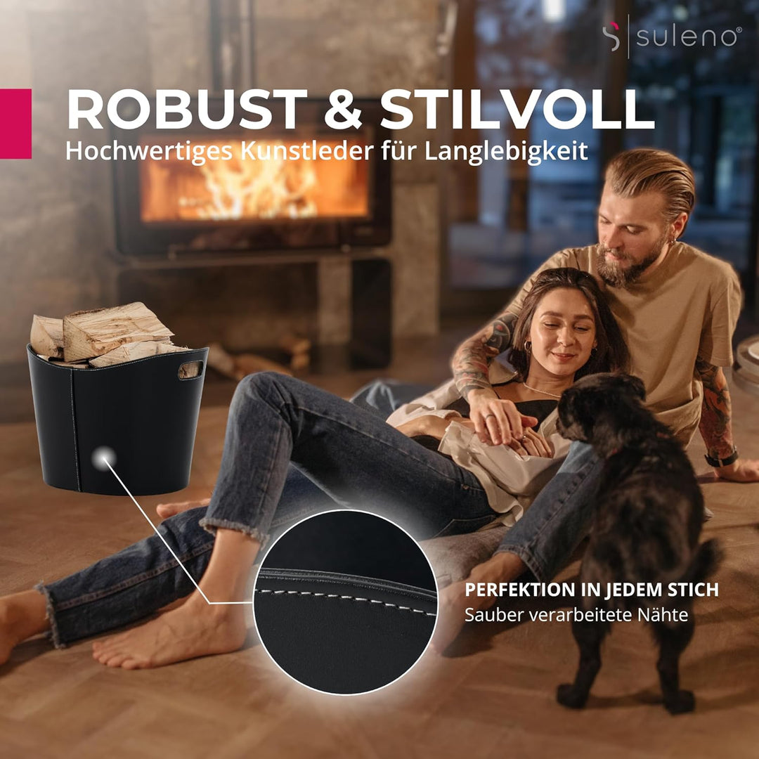 SULENO Holzkorb WEXFORD Brennholzkorb Kunstleder schwarz (L - 31,5 x 39,5 cm)