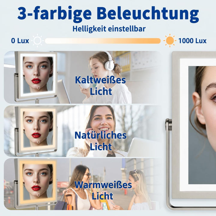 Ruacq Wiederaufladbarer Wand-Make-up-Spiegel mit Lichtern, doppelseitig, 1 x / 10-fache Vergrösserun