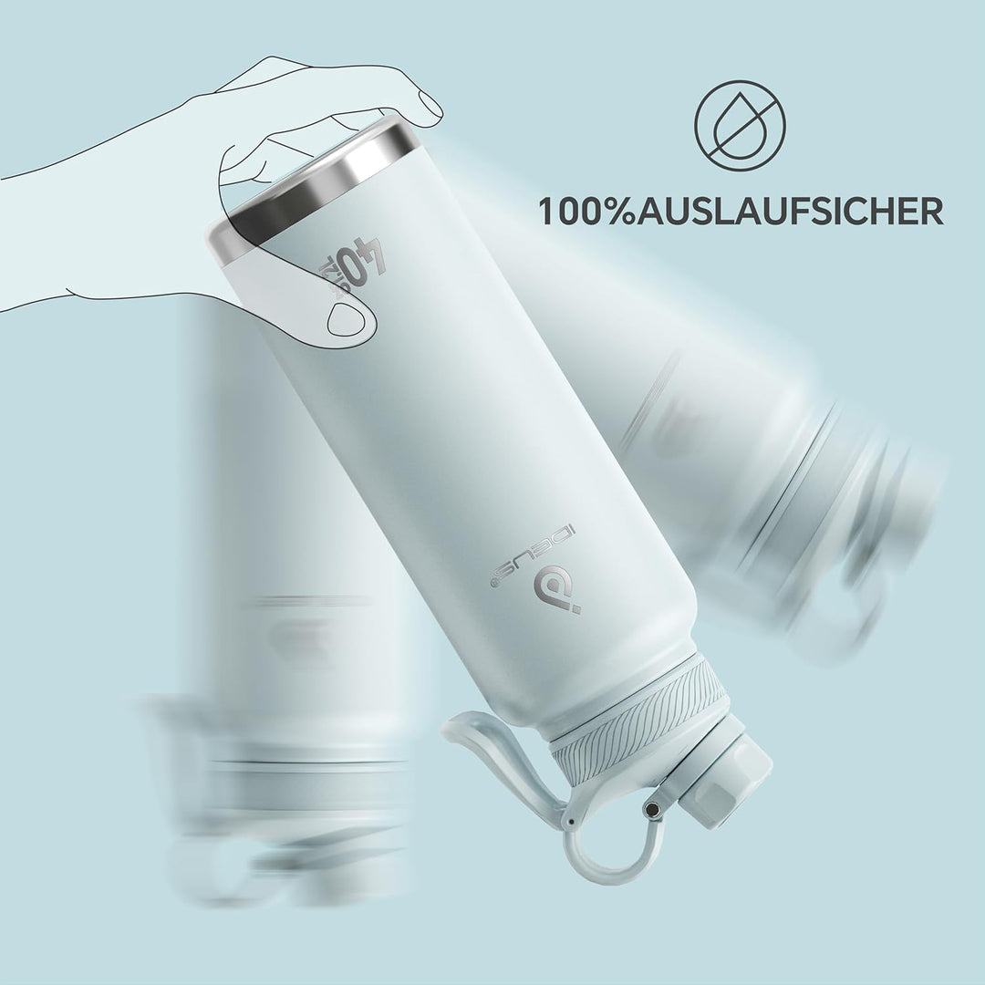 IDEUS Vakuumisolierte Wasserflasche, 40 Oz (1140 ml) Edelstahl Doppelwand Flasche Metall Sport Kanti