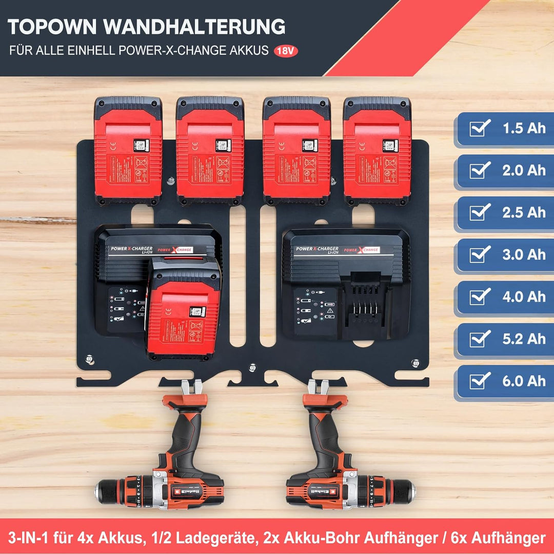 TOPOWN 3in1 Pro Wandhalterung für Einhell Ladegeräte und 18V Akku, für Power X-Change Charger, Twinc
