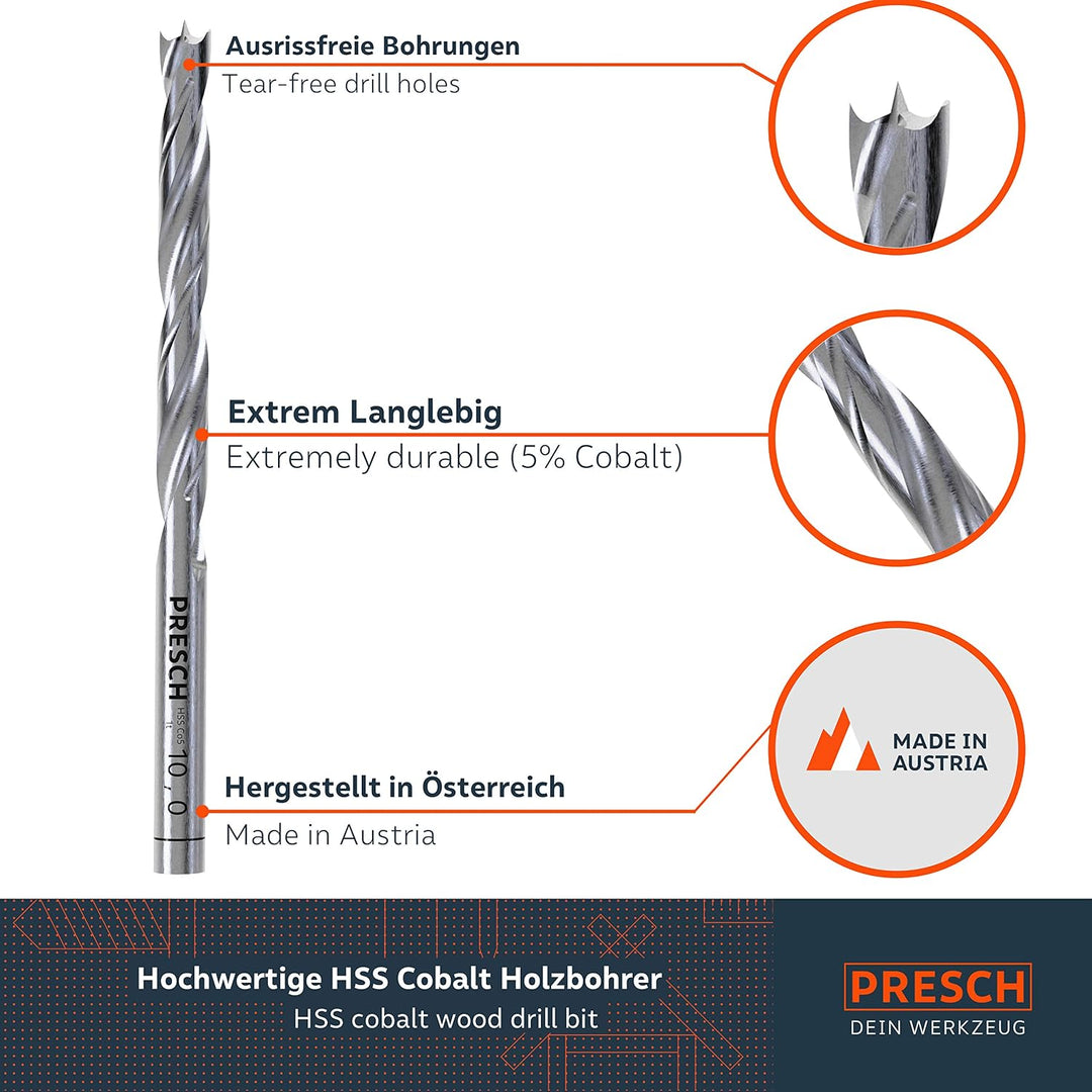 Presch Holzbohrer Set HSS Cobalt 8-tlg - Hochwertige 5% cobaltlegierte HSS Bohrer für Holz zum Bohre